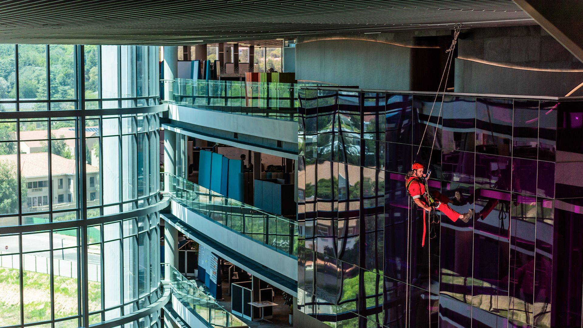 Working at height monorail abseiling works in mall